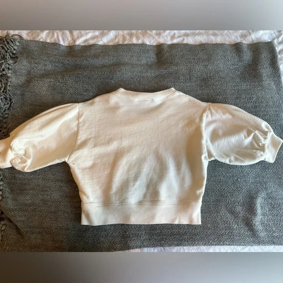 NWOT White Puff Sleeve Short Sleeve Cropped Sweatshirt - Picture 3 of 6